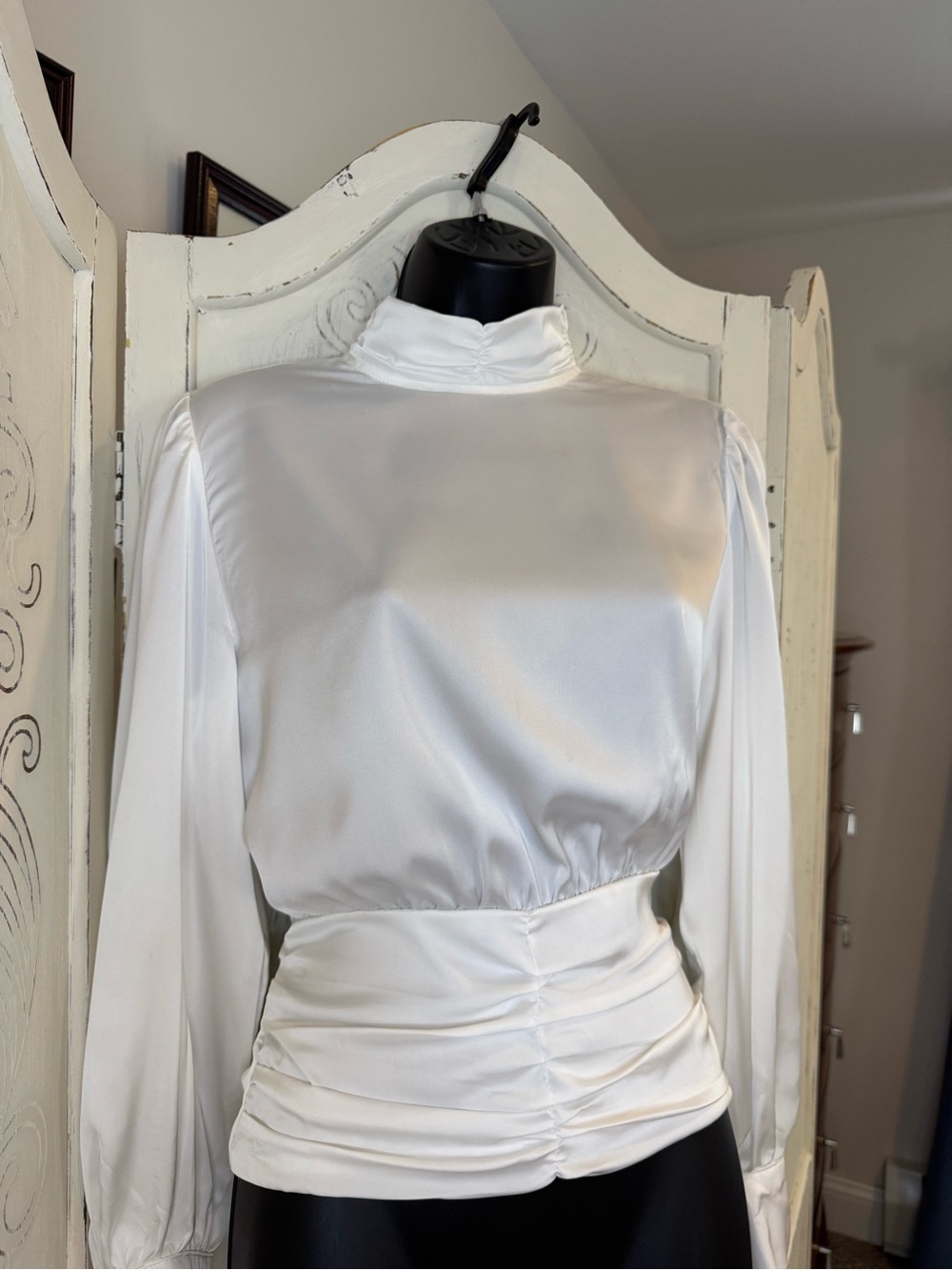 Elegant White Backless Satin Blouse with bow